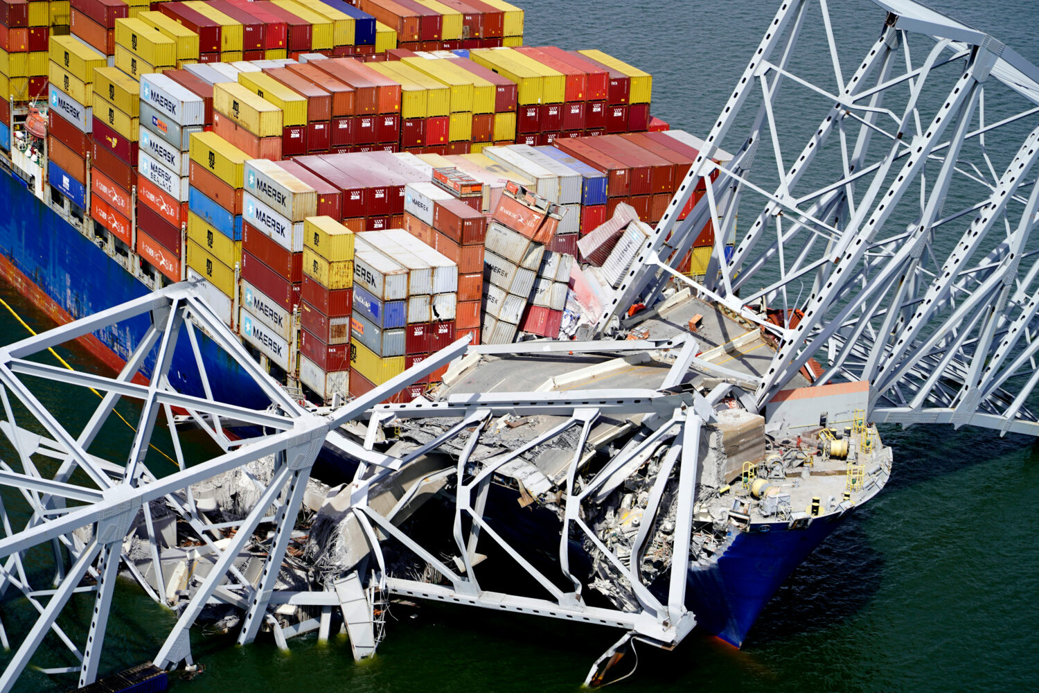 FILE - In this aerial image released by the Maryland National Guard the cargo ship Dali is stuck un...