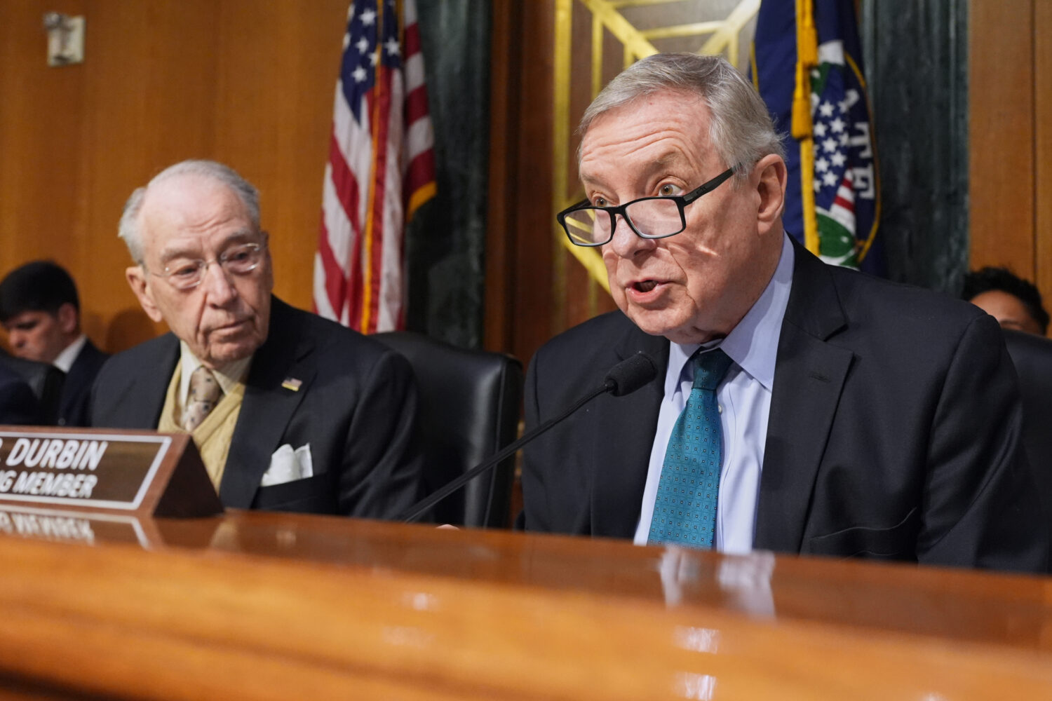 FILE - Sen. Dick Durbin, D-Ill., speaks as Chairman of the Senate Judiciary Committee, Sen. Chuck G...