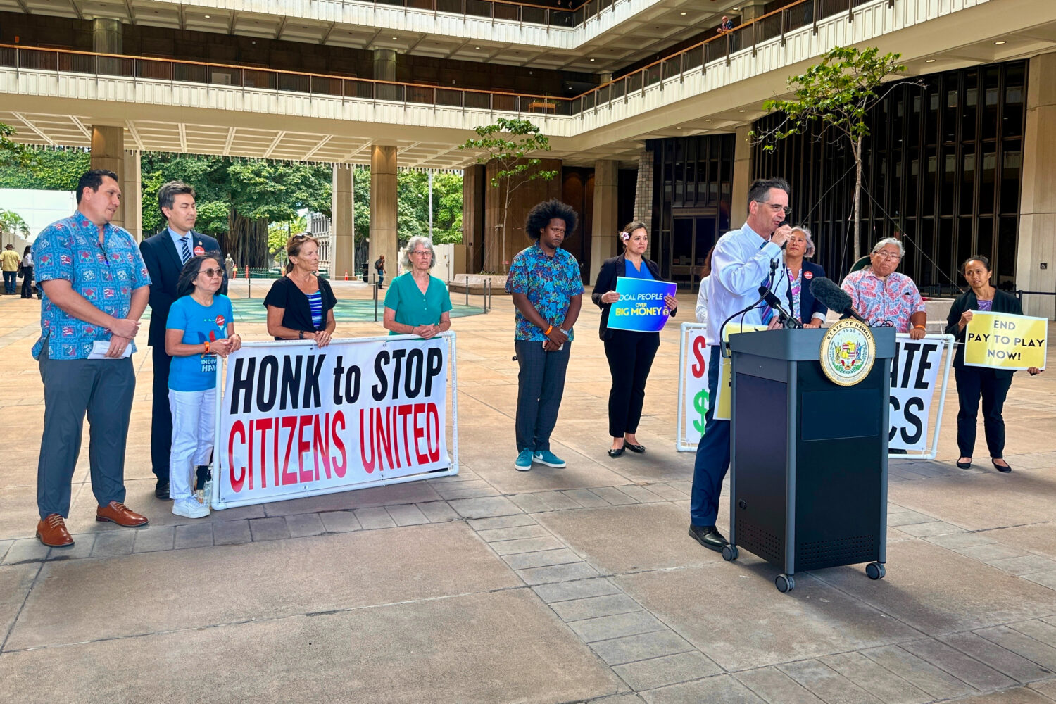 Hawaii Sen. Karl Rhoads speaks at a news conference about a bill that seeks to limit corporate mone...