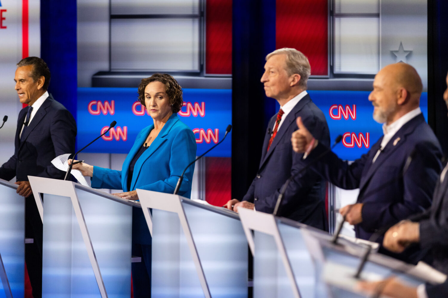 From left to right, Antonio Villaraigosa, Katie Porter, Tom Steyer and Steve Hilton participate in ...