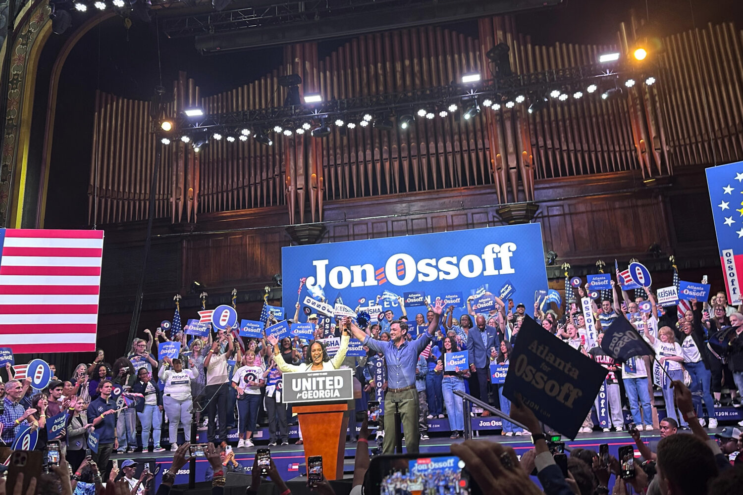Democratic Sen. Jon Ossoff of Georgia and gubernatorial nominee Keisha Lance Bottom share the stage...