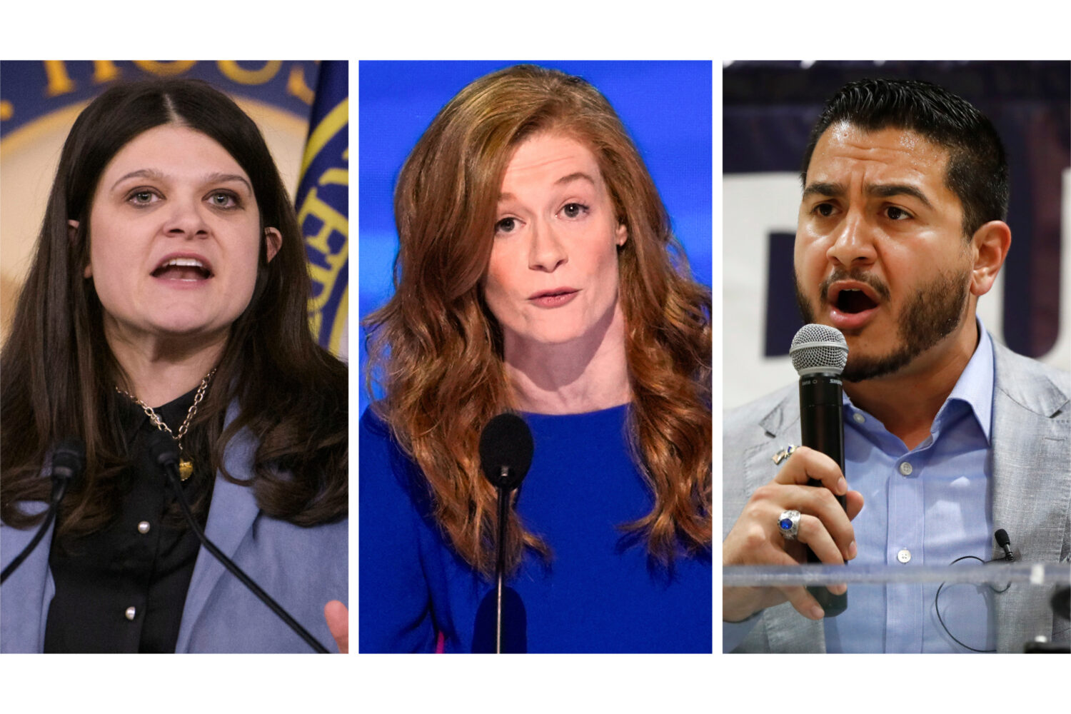 This combination of photos shows Rep. Haley Stevens, D-Mich., Feb. 6, 2025, in Washington, left, Mi...