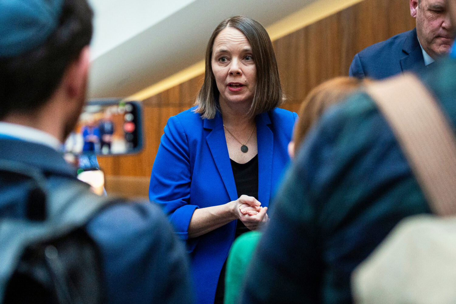 FILE - Maine Secretary of State Shenna Bellows speaks with reporters during the National Associate ...