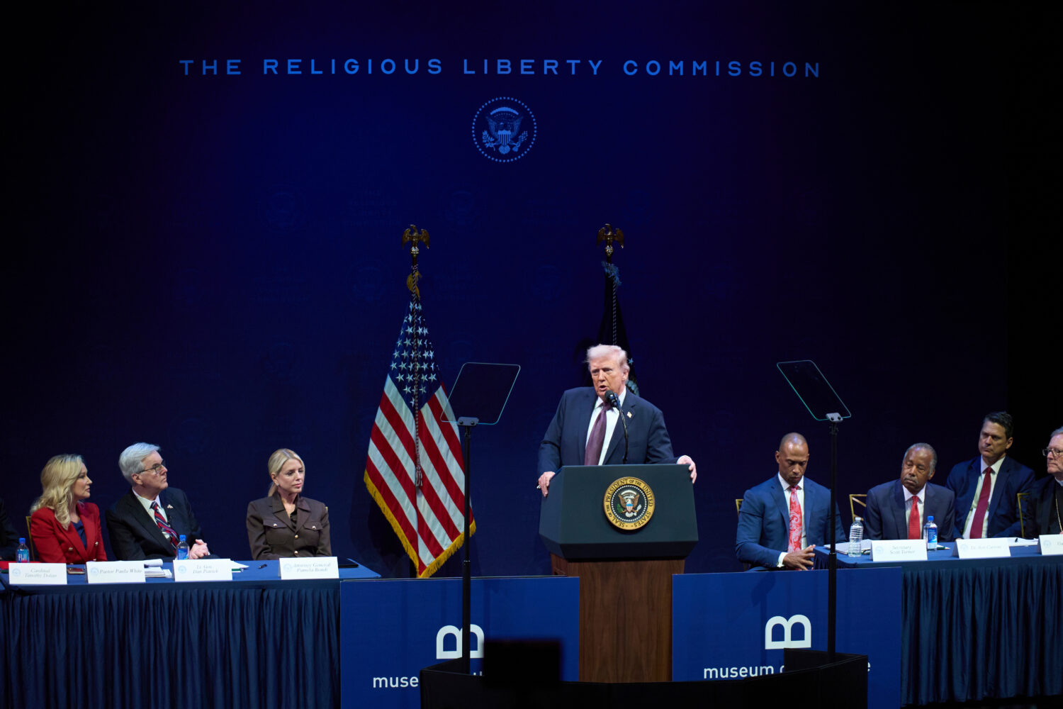 FILE - President Donald Trump addresses the White House Religious Liberty Commission during an even...