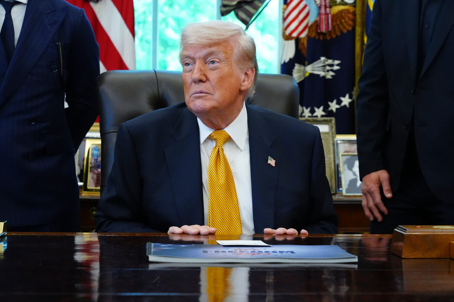 President Donald Trump meets with UFC fighters, Wednesday, May 6, 2026, in the Oval Office of the W...
