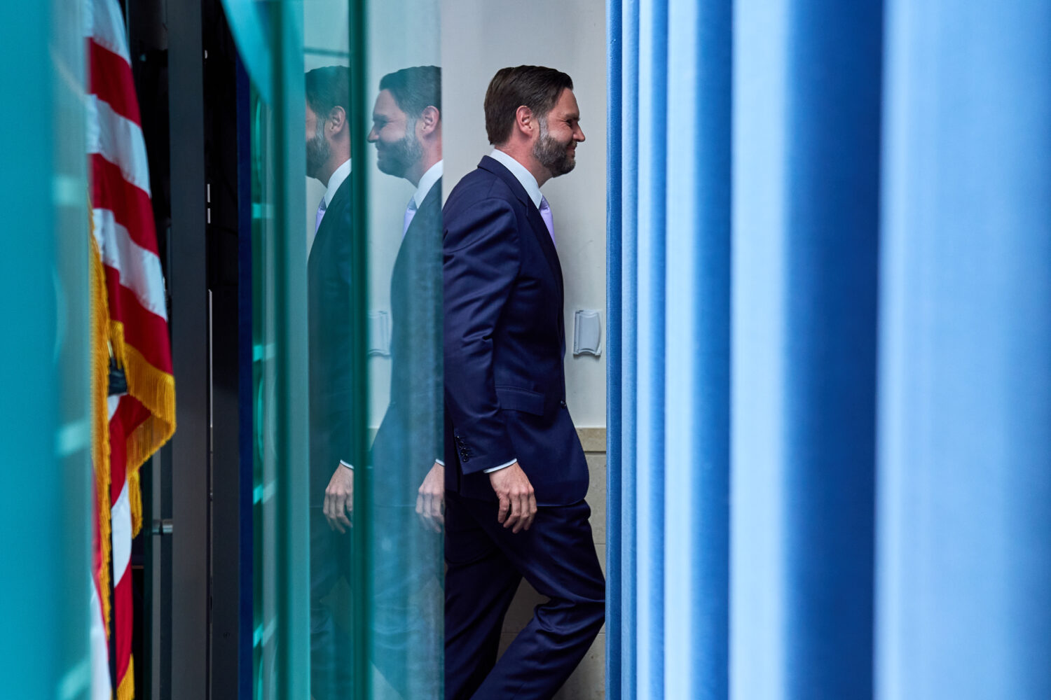Vice President JD Vance leaves after speaking to reporters in the James Brady Press Briefing Room a...