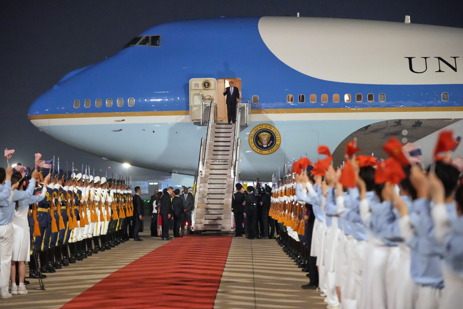 President Donald Trump arrives on Air Force One, Wednesday, May 13, 2026, at Beijing Capital Intern...