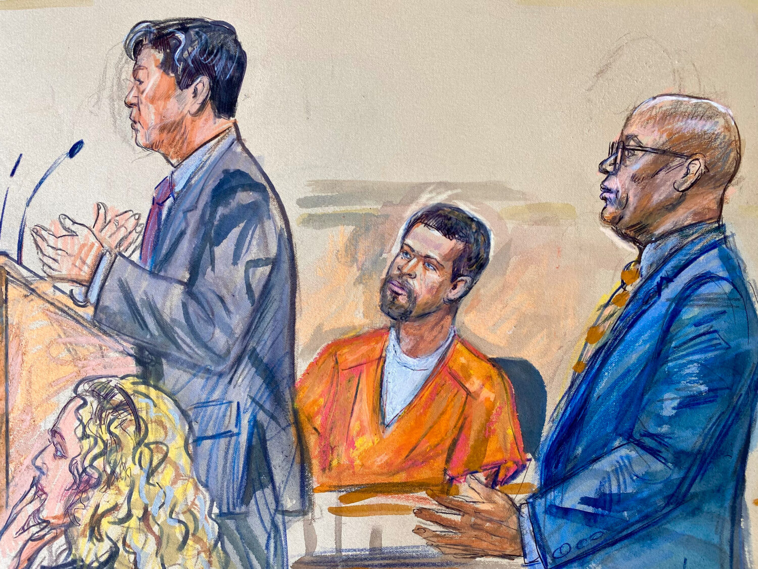 This courtroom sketch depicts Cole Tomas Allen, center, listening as his attorney Eugene Ohm, left,...