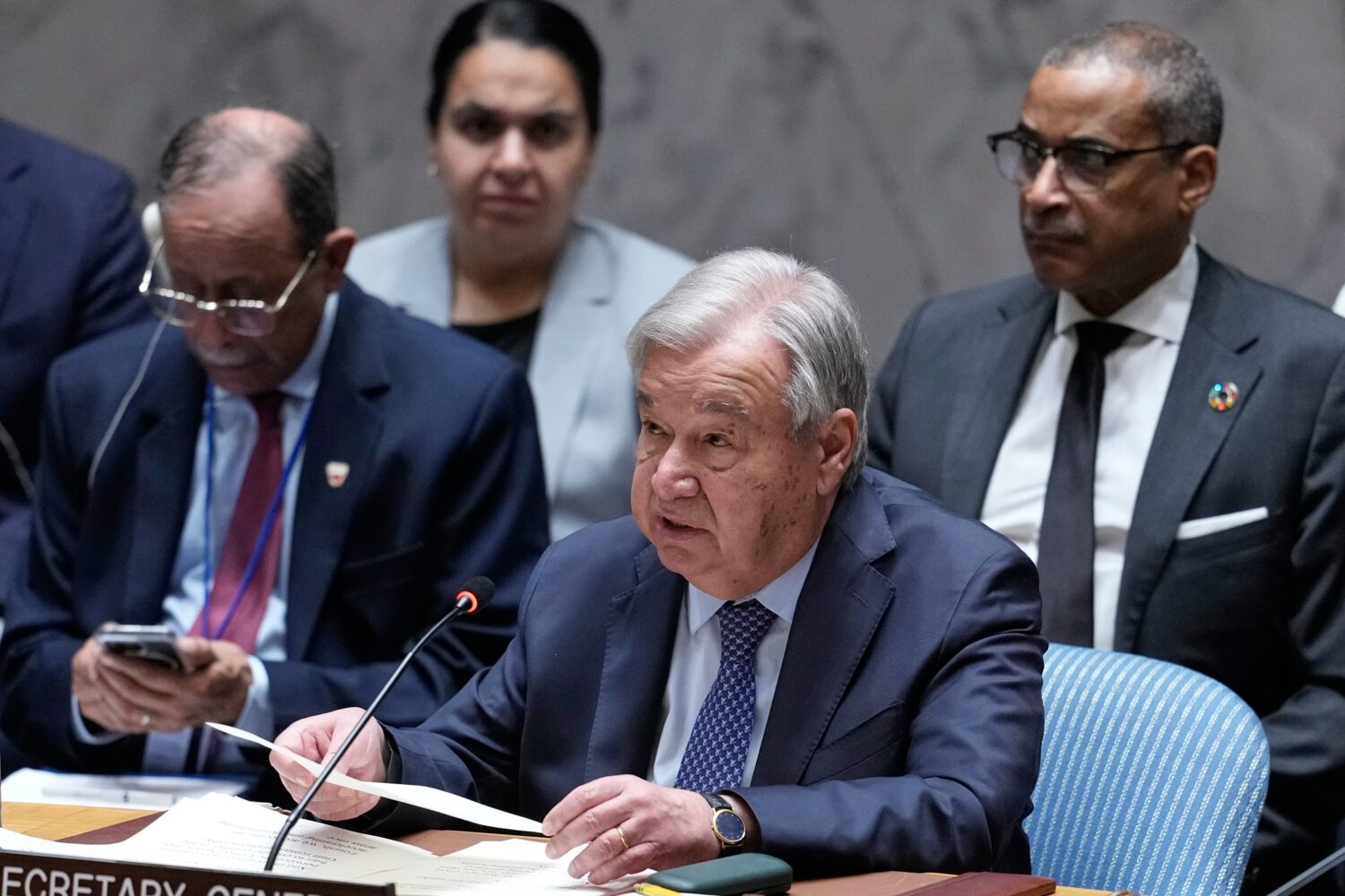 United Nations Secretary-General António Guterres speaks during a Security Council meeting at Unit...