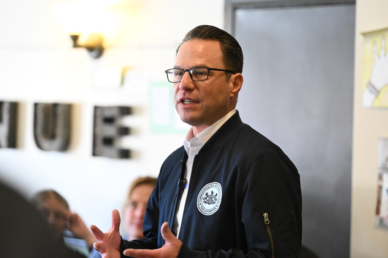 FILE - Pennsylvania Gov. Josh Shapiro speaks to the crowd at a Clinton County Democratic Party even...
