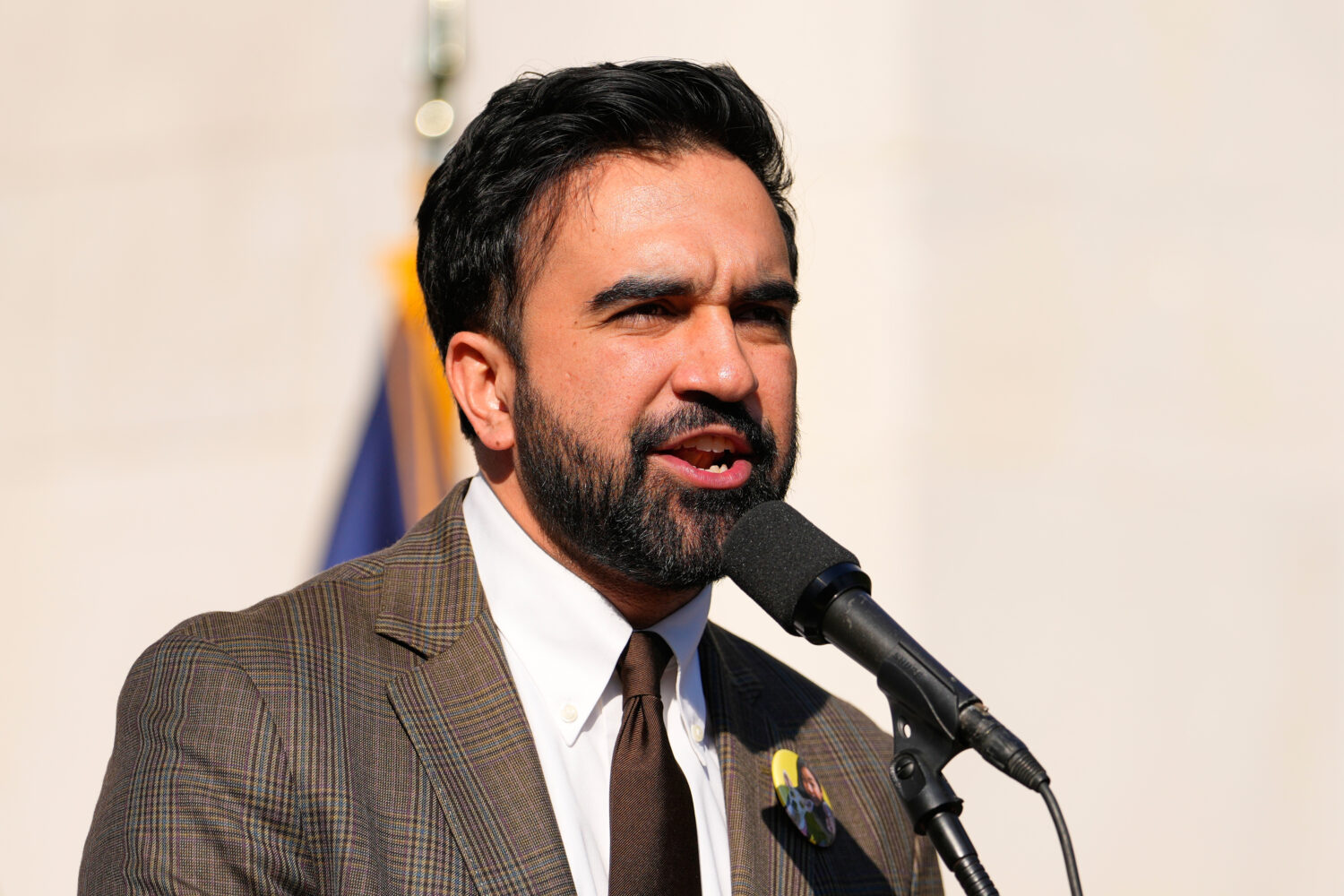 Mayor Zohran Mamdani speaks during a May Day rally at Washington Square Park in New York, Friday, M...