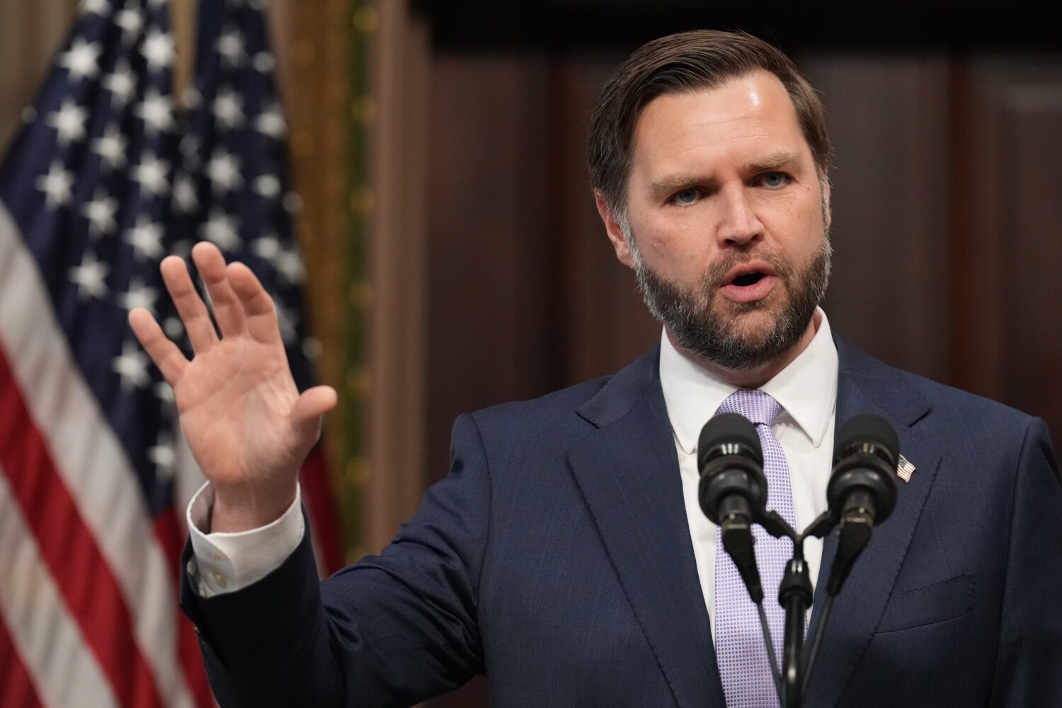 Vice President JD Vance speaks to the media from the Eisenhower Executive Office Building on the Wh...
