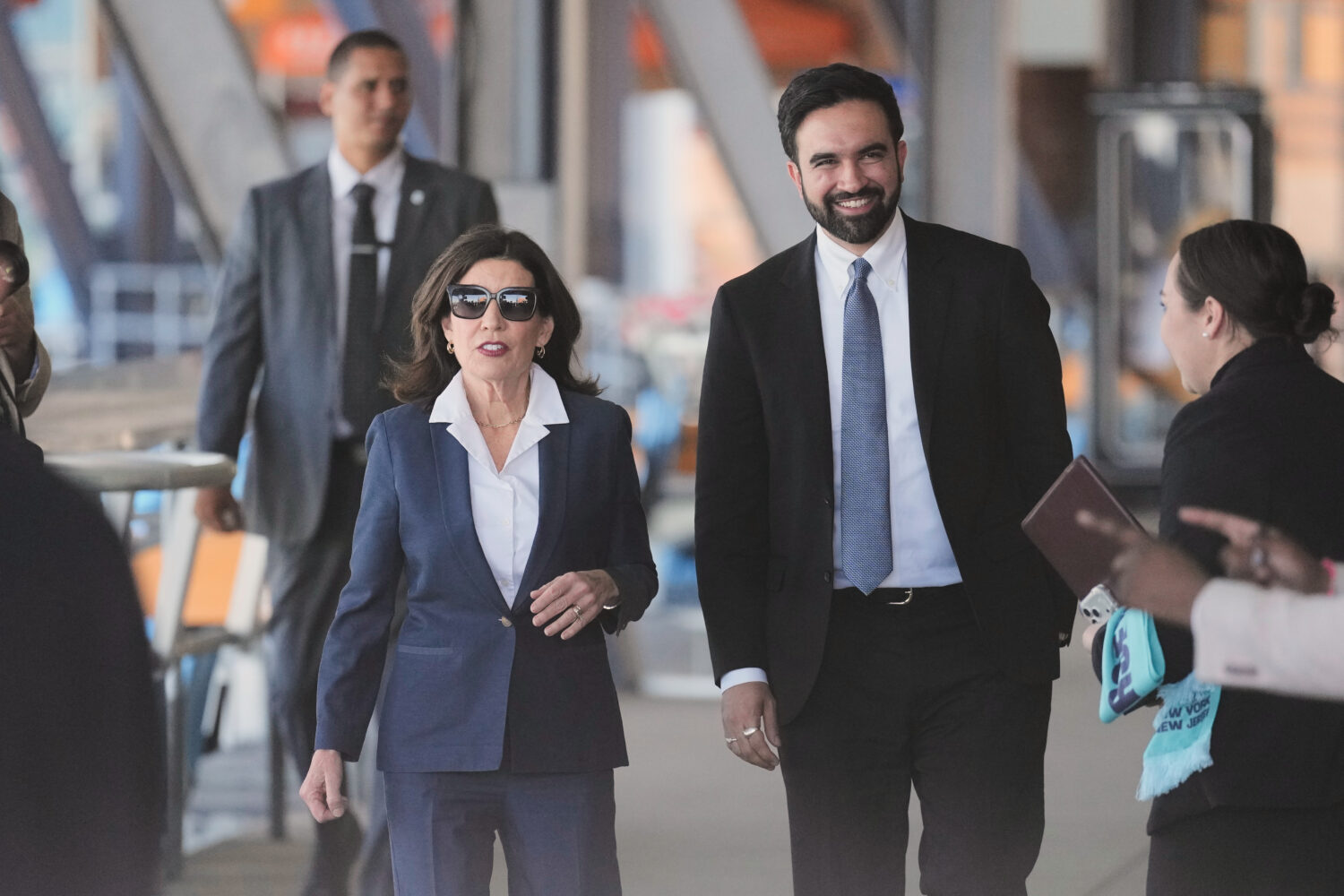 New York Gov. Kathy Hochul and New York City Mayor Zohran Mamdani arrive to a news conference in th...