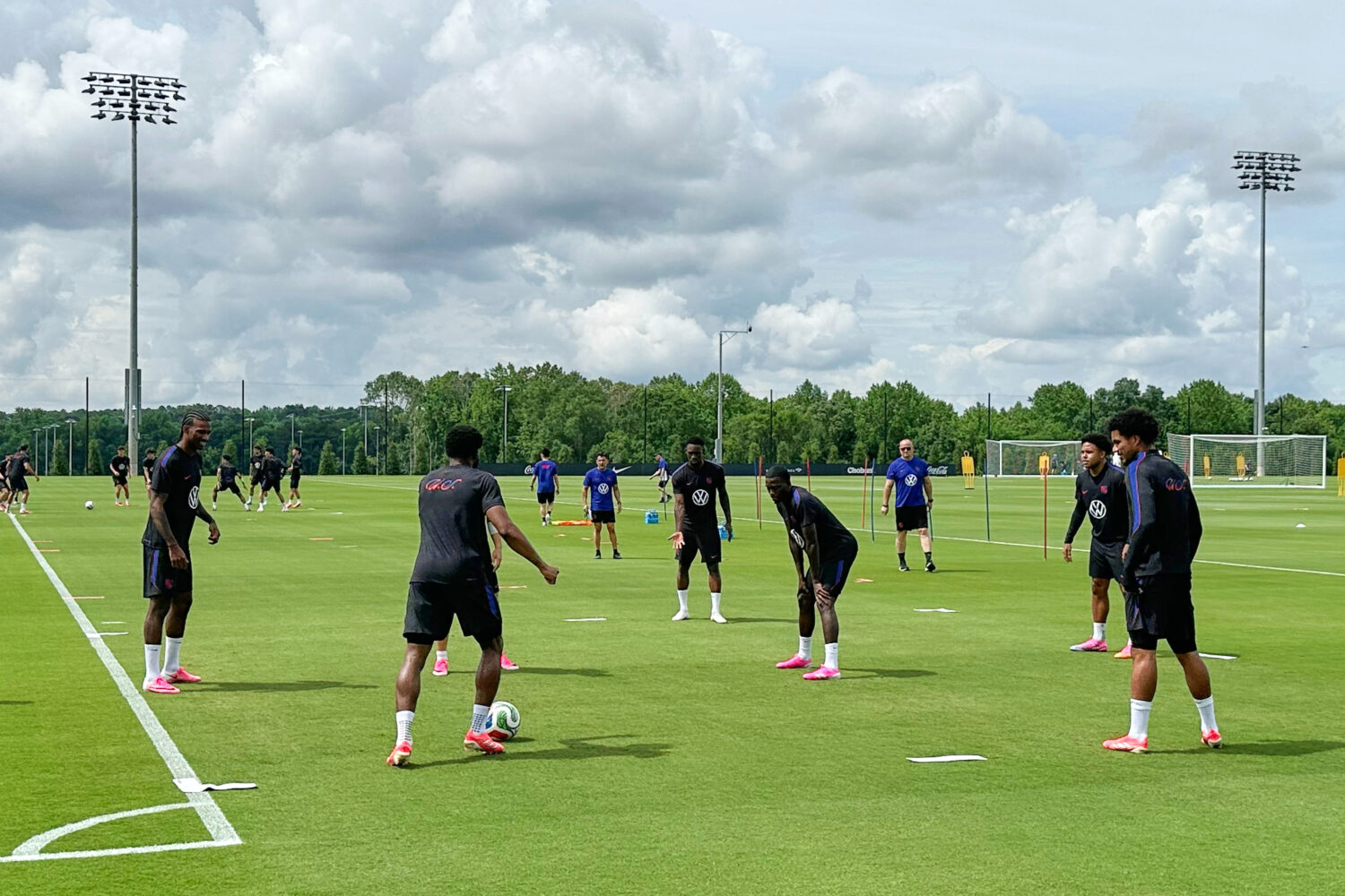United States soccer players work on a drill at the new national training complex, Thursday, May 28...