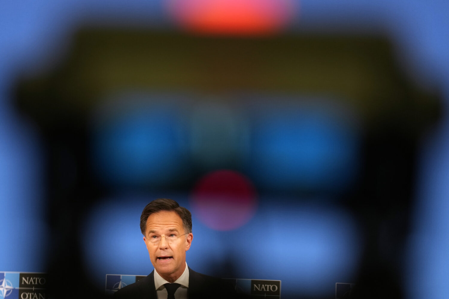 NATO Secretary General Mark Rutte speaks after a meeting of NATO defense ministers at NATO headquar...