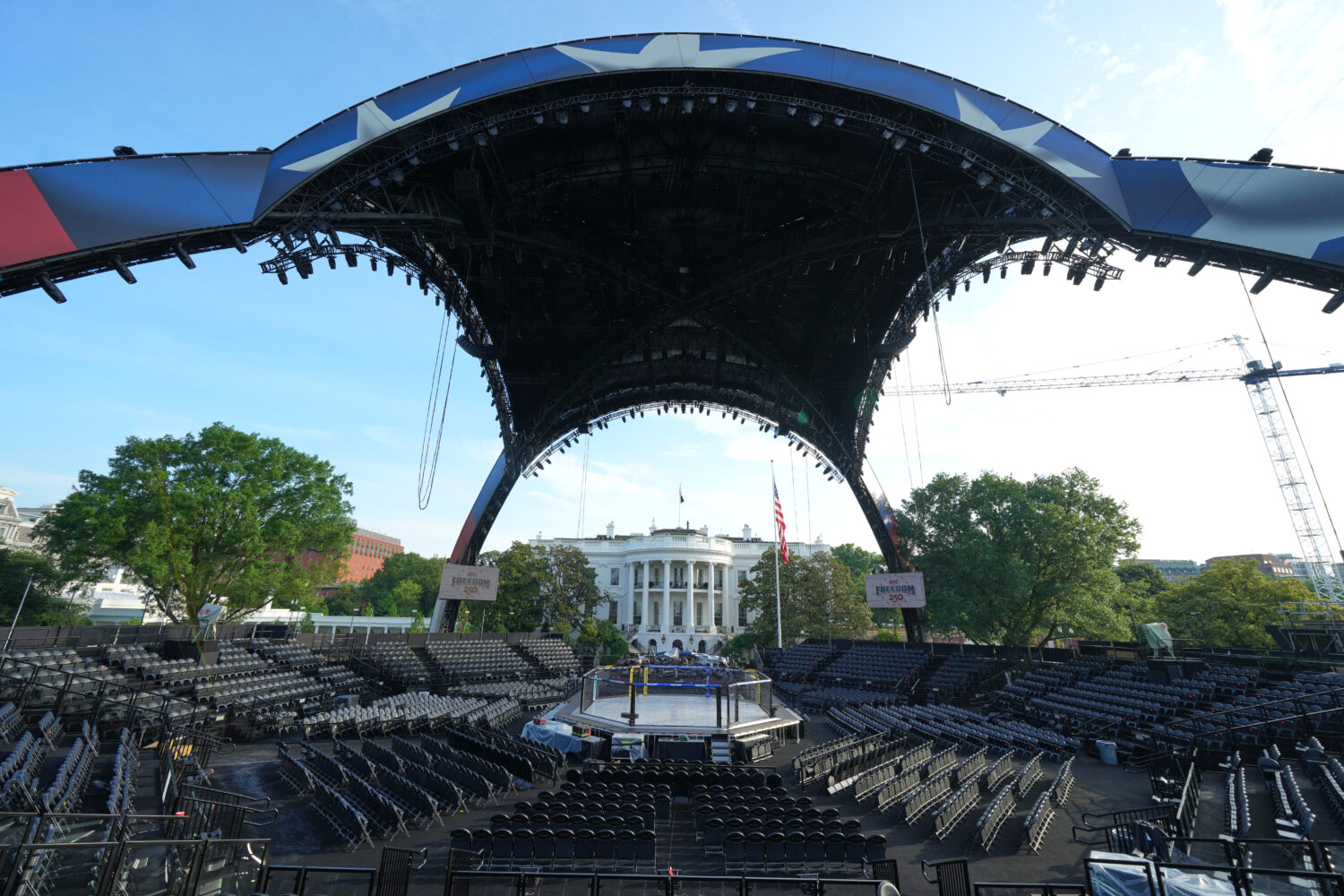 The arena for the UFC Freedom 250 fights on the South Lawn of the White House is photographed Thurs...