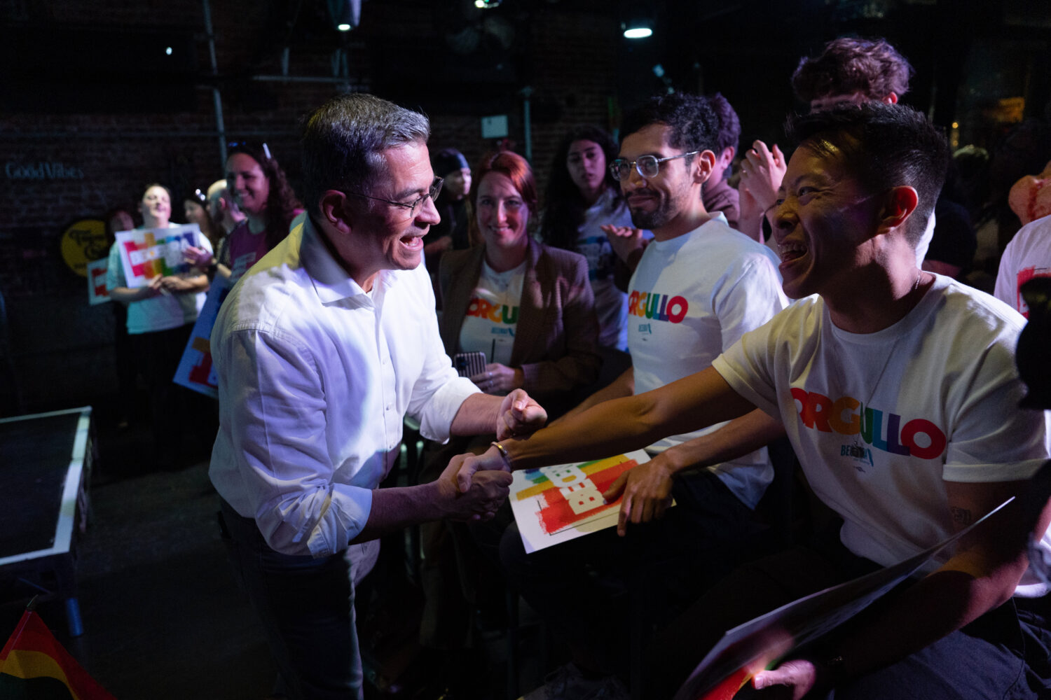 California gubernatorial candidate Xavier Becerra shakes hands with supporters during a campaign ev...