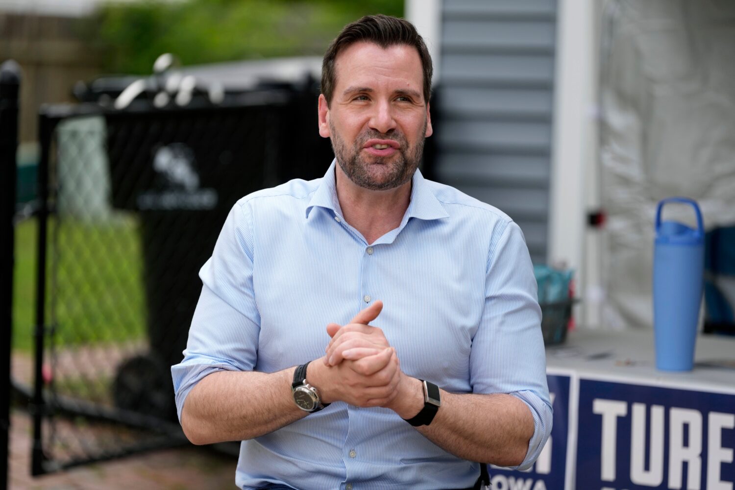 Iowa state Rep. Josh Turek, a Democratic candidate for U.S. Senate, speaks to supporters before a c...