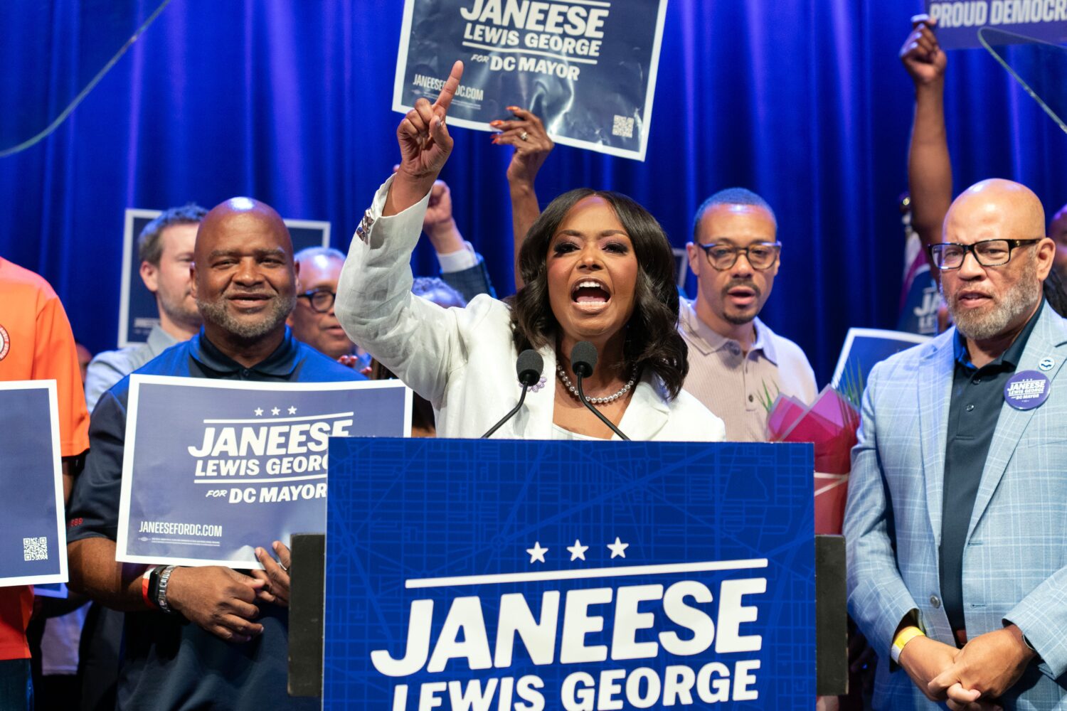 D.C. Council member Janeese Lewis George speaks to the crowd after winning D.C. Mayor primary elect...