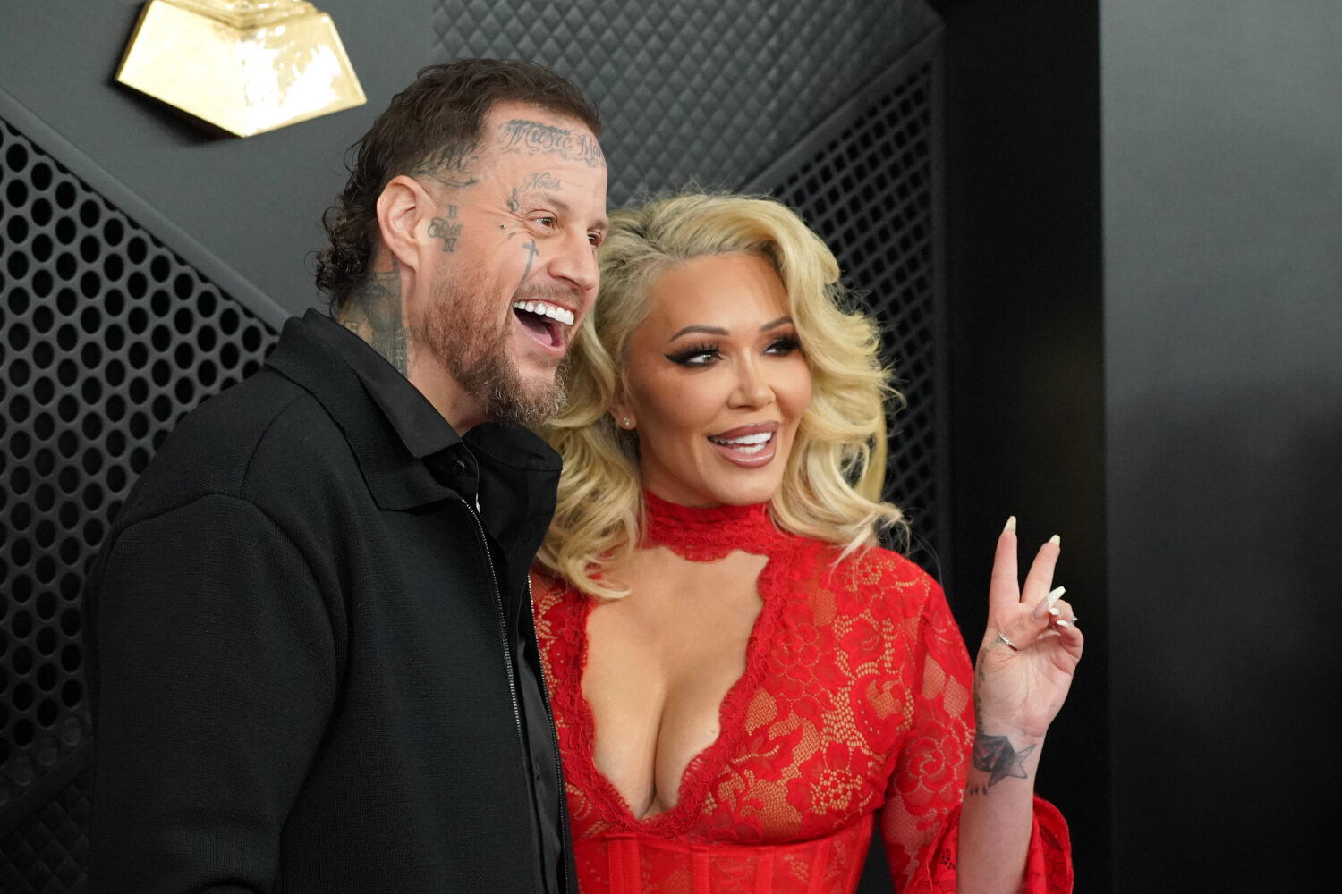 FILE - Jelly Roll, left, and Bunnie XO arrive at the 68th annual Grammy Awards, Feb. 1, 2026, in Lo...