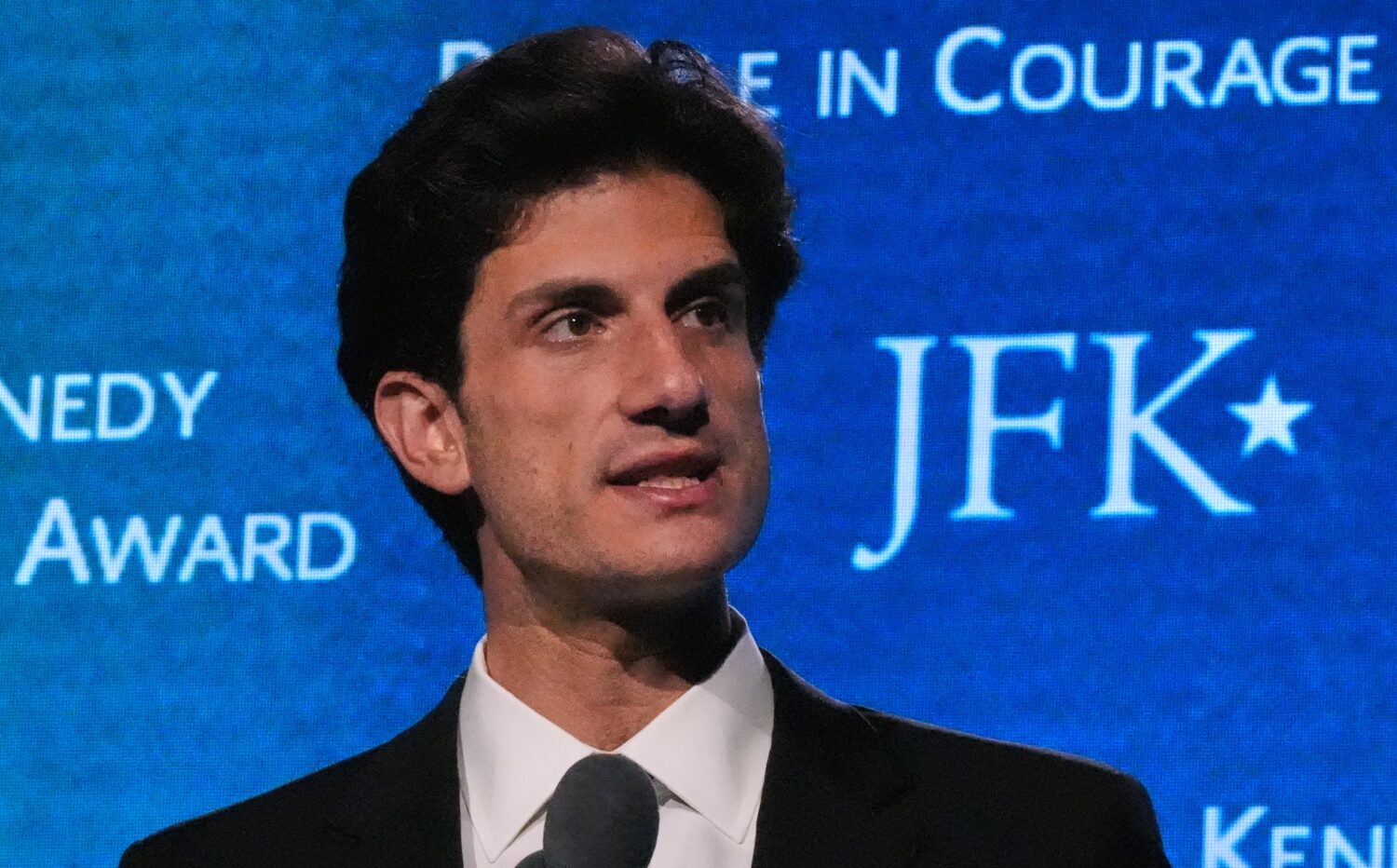Jack Schlossberg, grandson of former President John F. Kennedy, addresses a gathering during the Pr...