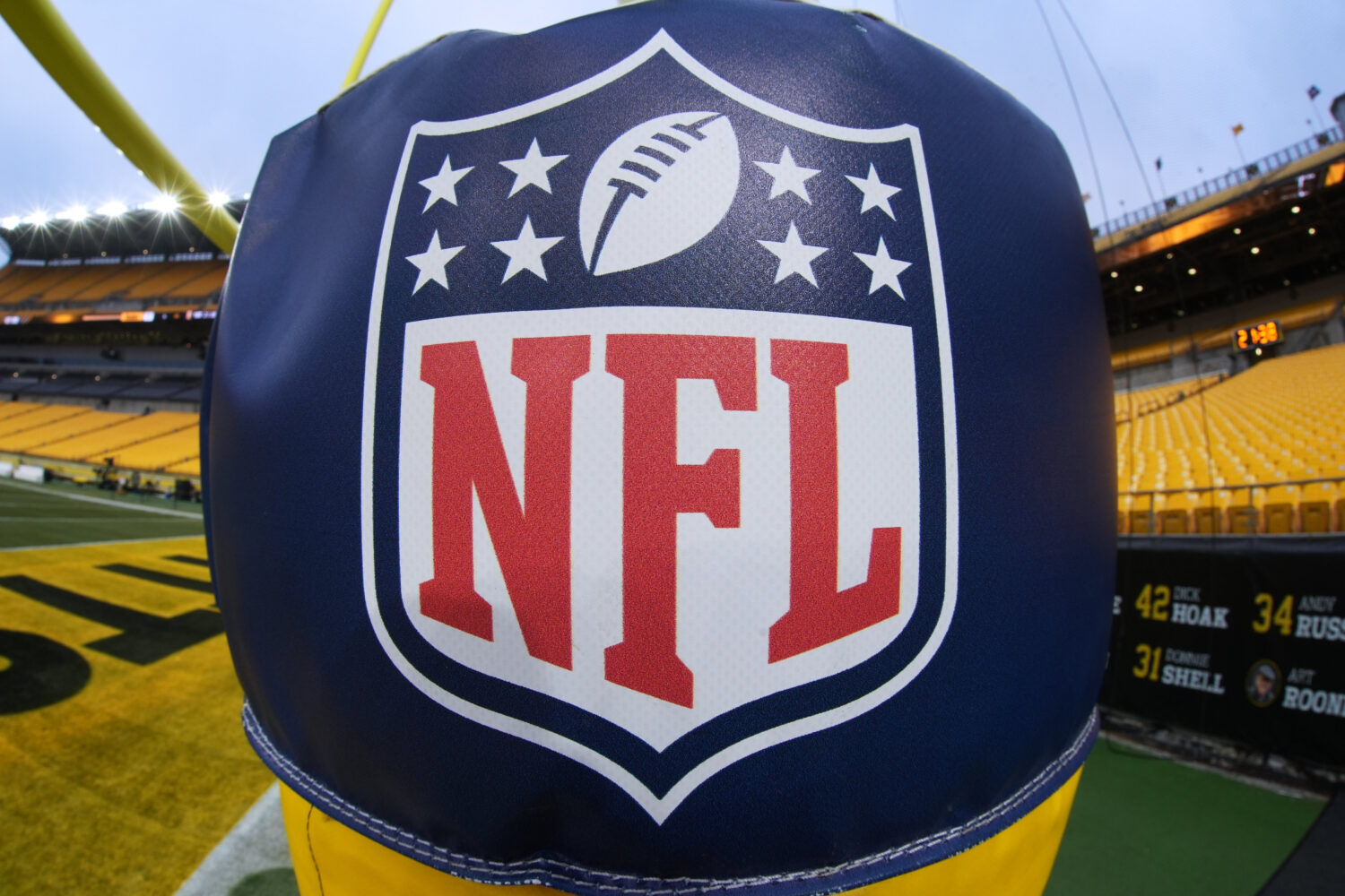 FILE - The NFL logo is displayed on a goal post at Acrisure Stadium before an NFL football game bet...