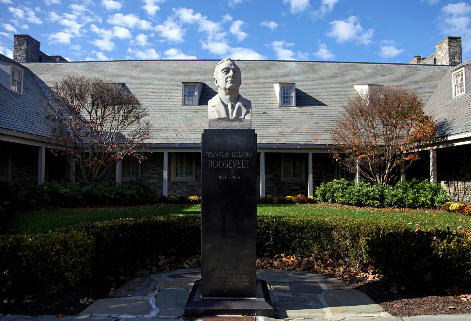 FILE - The bust of President Franklin D. Roosevelt stands in front of the Franklin D. Roosevelt Pre...