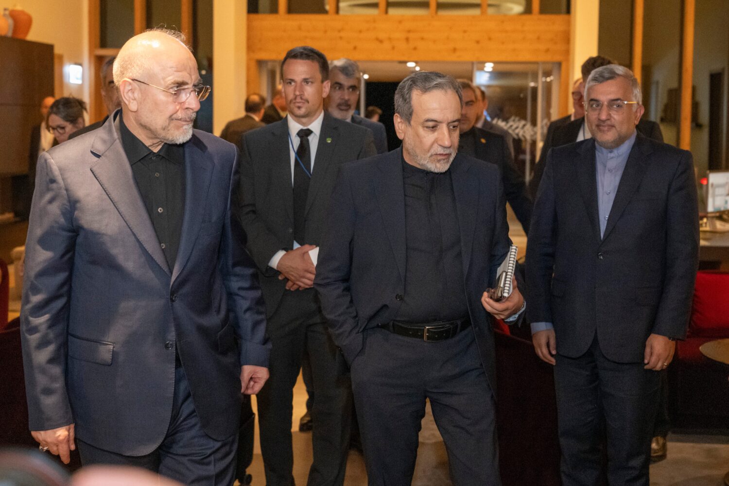 Iranian Foreign Minister Seyyed Abbas Araghchi, center, and Speaker of the Islamic Parliament of Ir...
