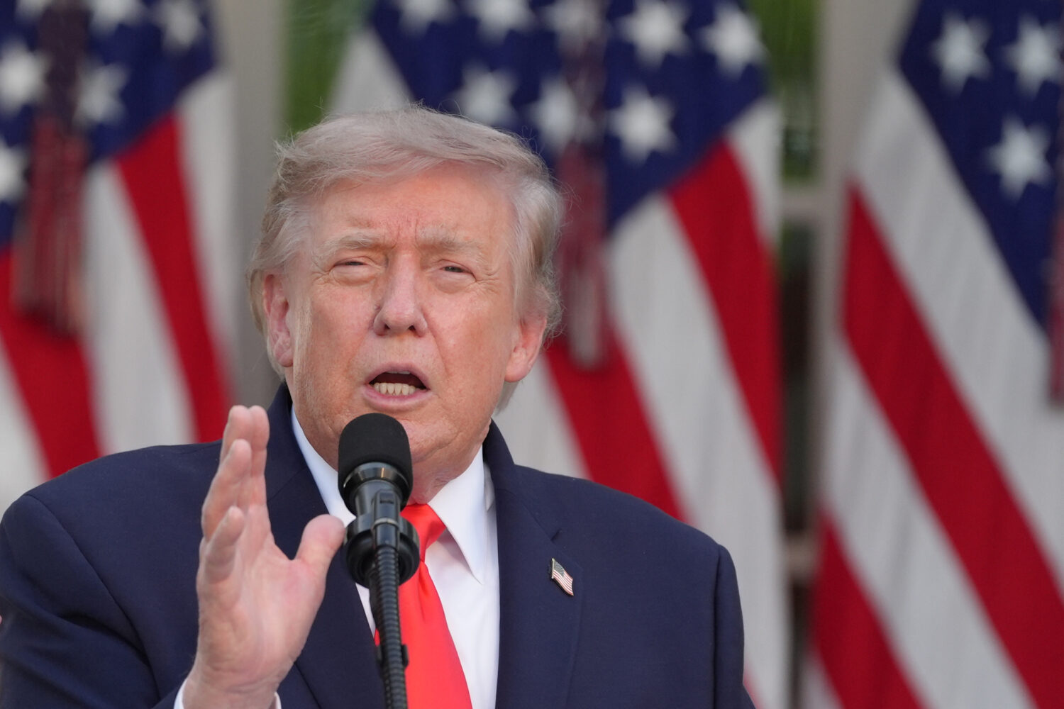 President Donald Trump speaks at a Rose Garden Club dinner with farmers, in the Rose Garden of the ...