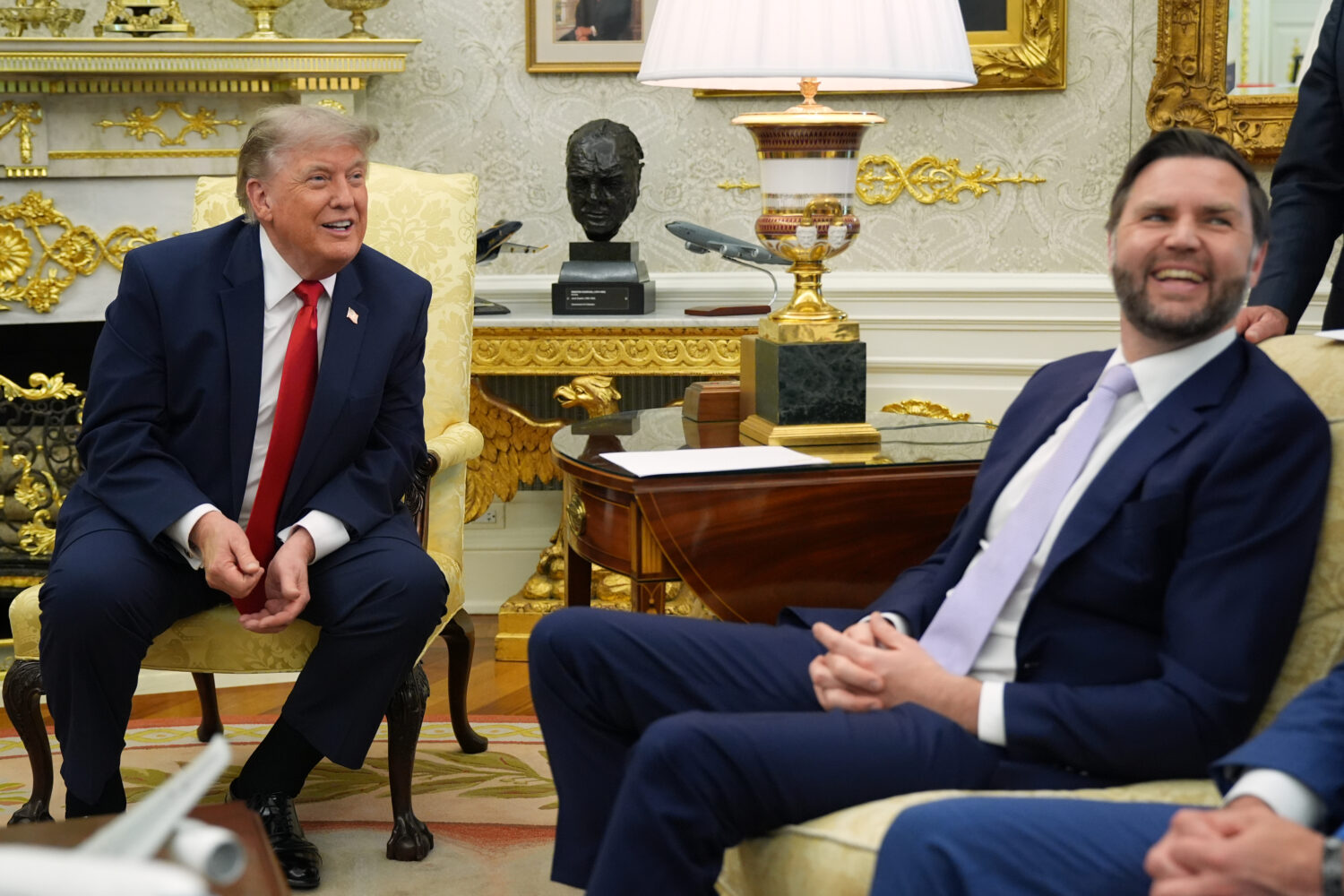 President Donald Trump and Vice President JD Vance smile during a meeting with NATO Secretary Gener...