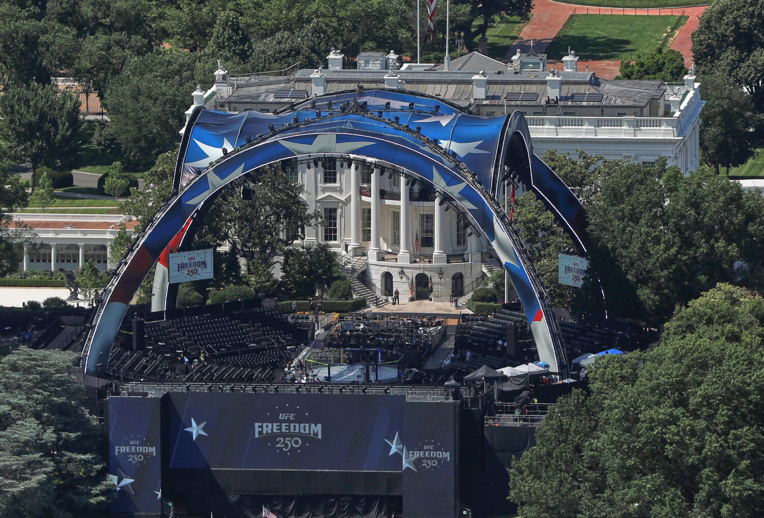 The arena for the UFC Freedom 250 fights is pictured on the South Lawn of the White House, in Washi...